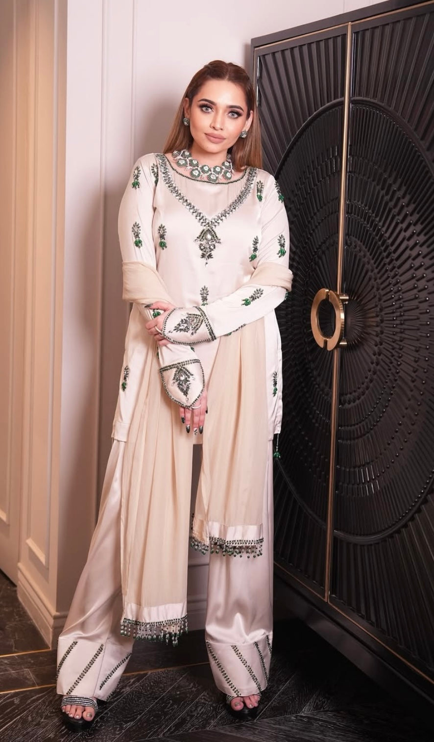 Beige Dress with green Diamonds