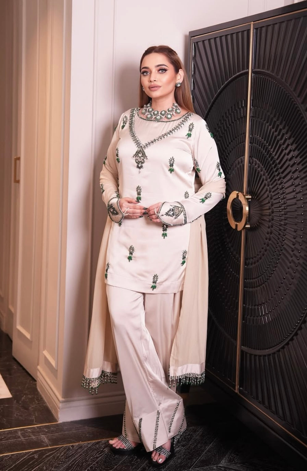Beige Dress with green Diamonds