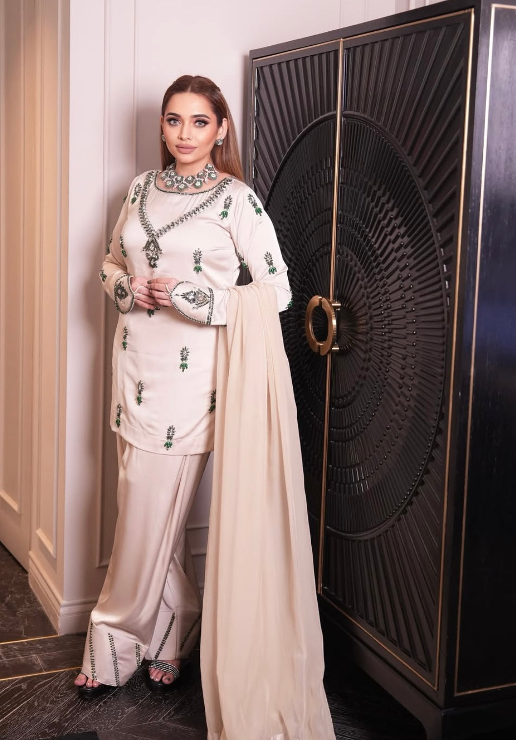 Beige Dress with green Diamonds
