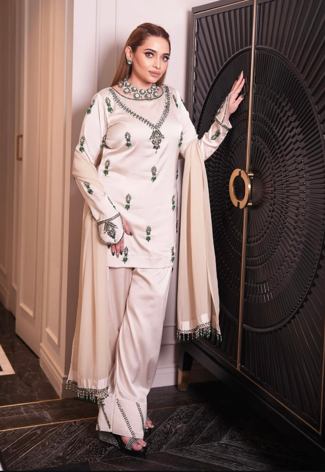 Beige Dress with green Diamonds