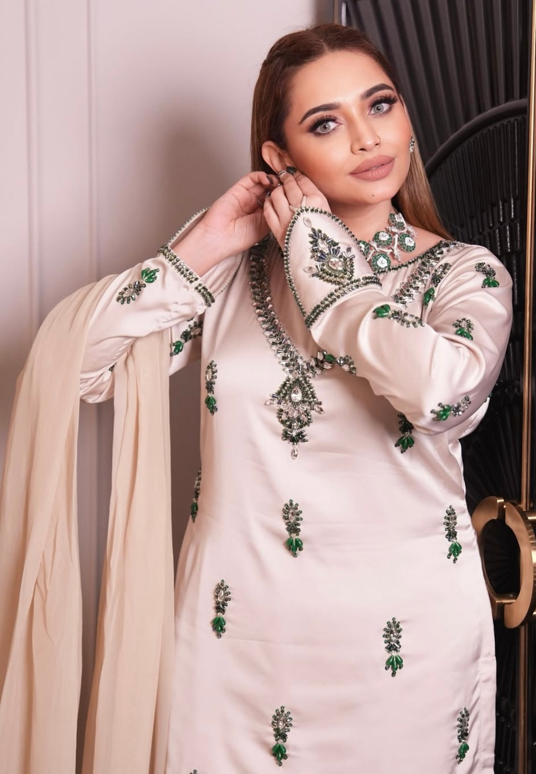 Beige Dress with green Diamonds