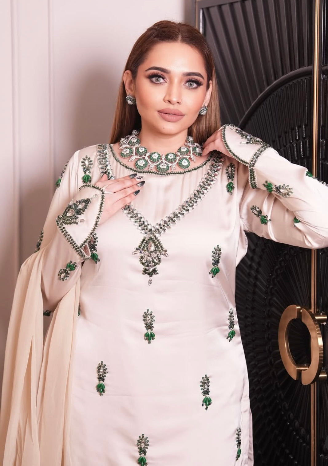 Beige Dress with green Diamonds