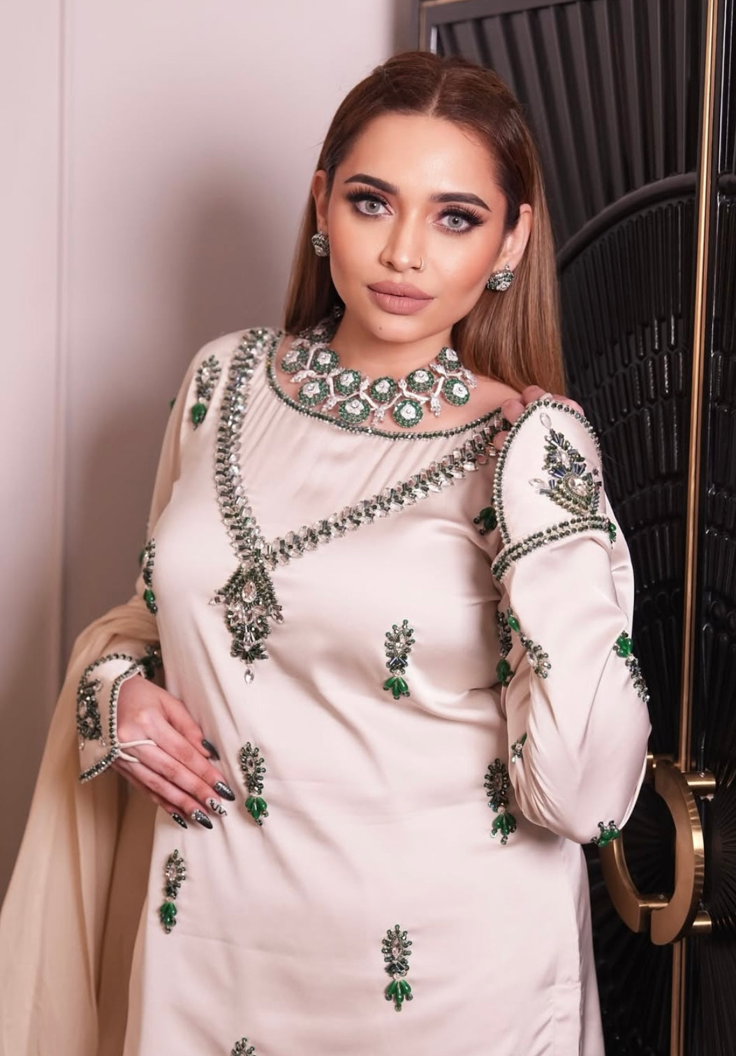 Beige Dress with green Diamonds
