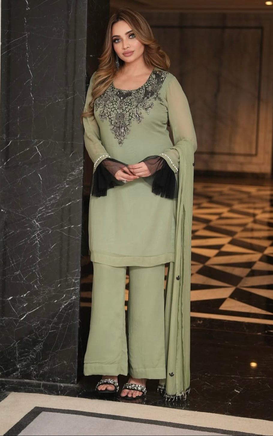 Olive Green Dress With Black Net sleeves