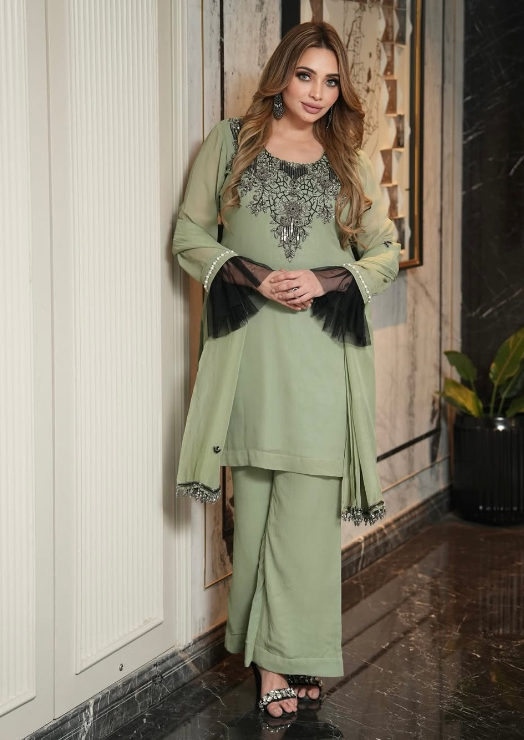 Olive Green Dress With Black Net sleeves