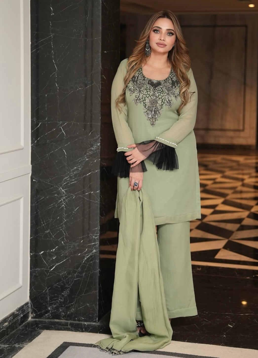 Olive Green Dress With Black Net sleeves