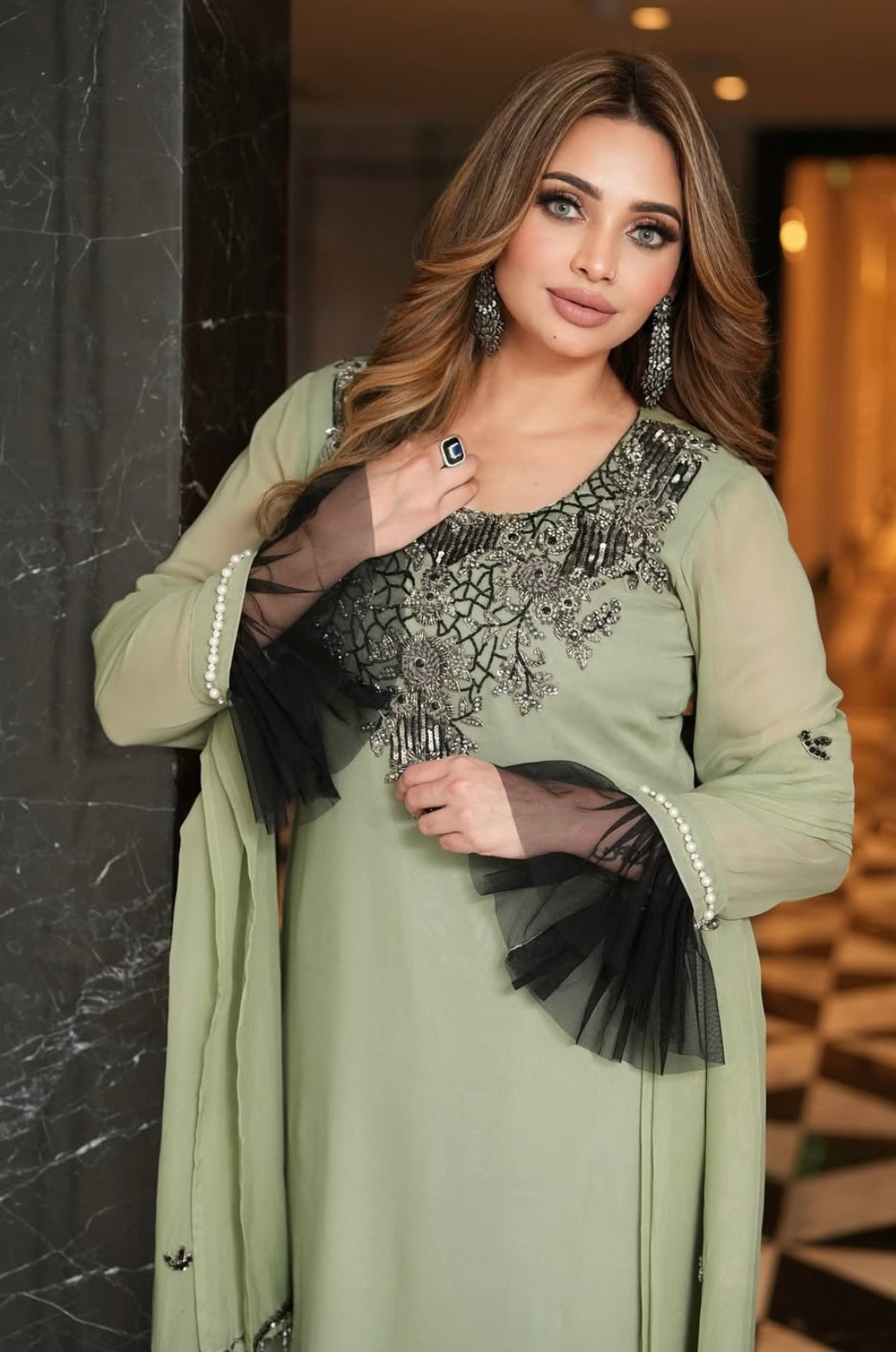 Olive Green Dress With Black Net sleeves