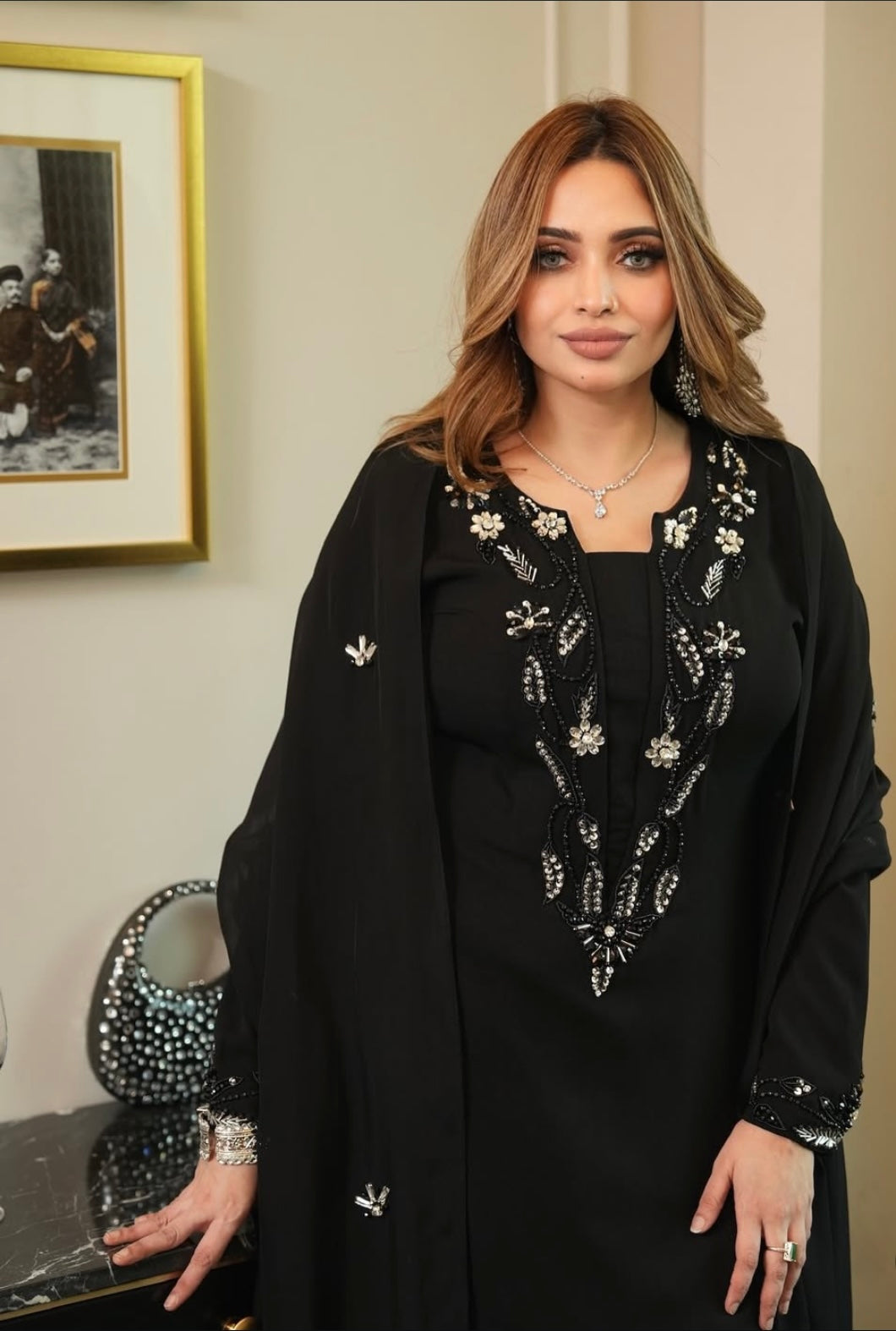 This elegant black long Kamiz dress