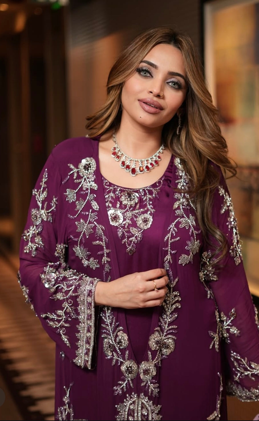 Glamorous Wine with Baby Pink Jacket Style Dress