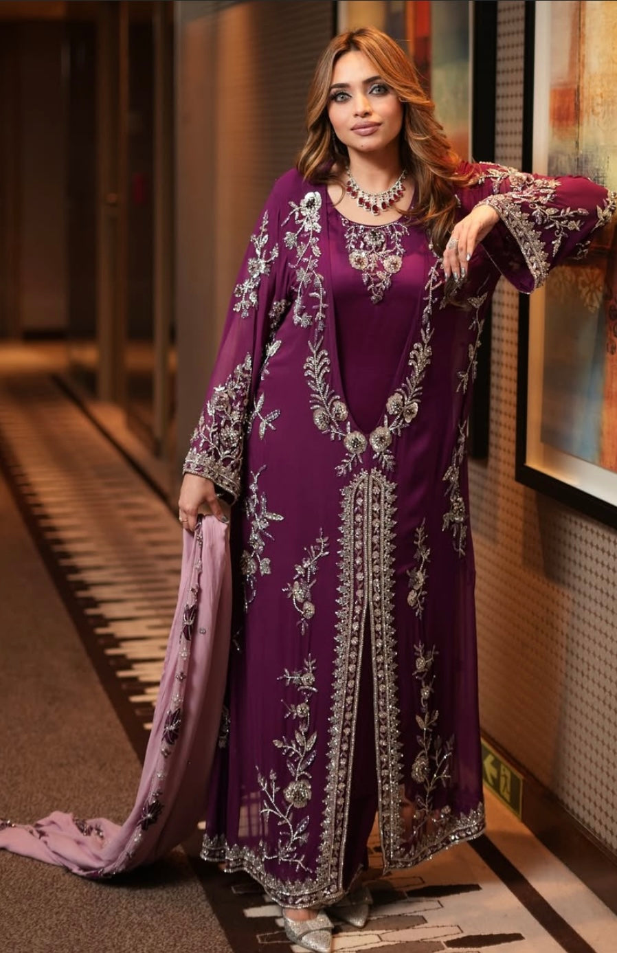 Glamorous Wine with Baby Pink Jacket Style Dress