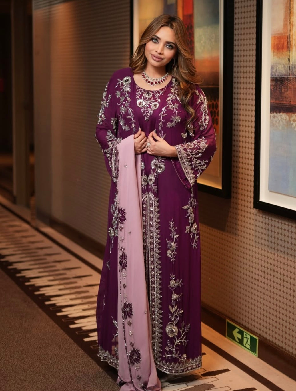 Glamorous Wine with Baby Pink Jacket Style Dress