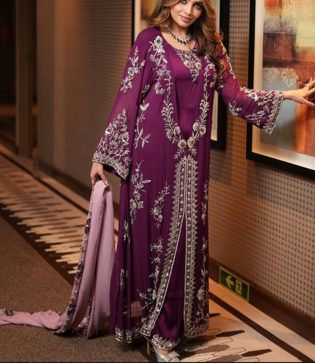 Glamorous Wine with Baby Pink Jacket Style Dress