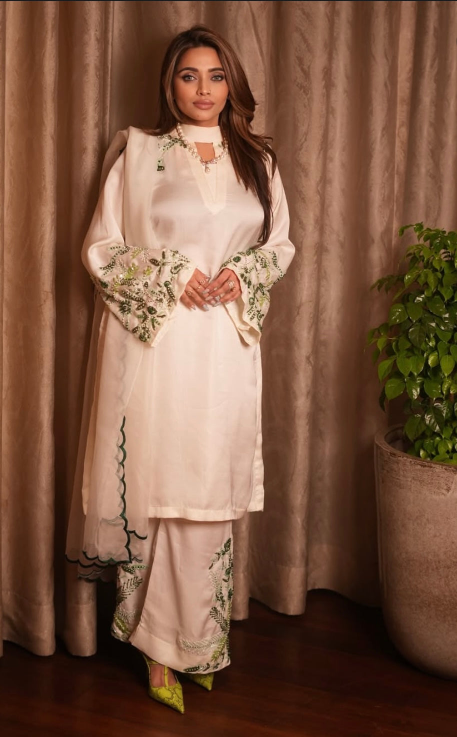 Elegant White dress with Green Embroidery