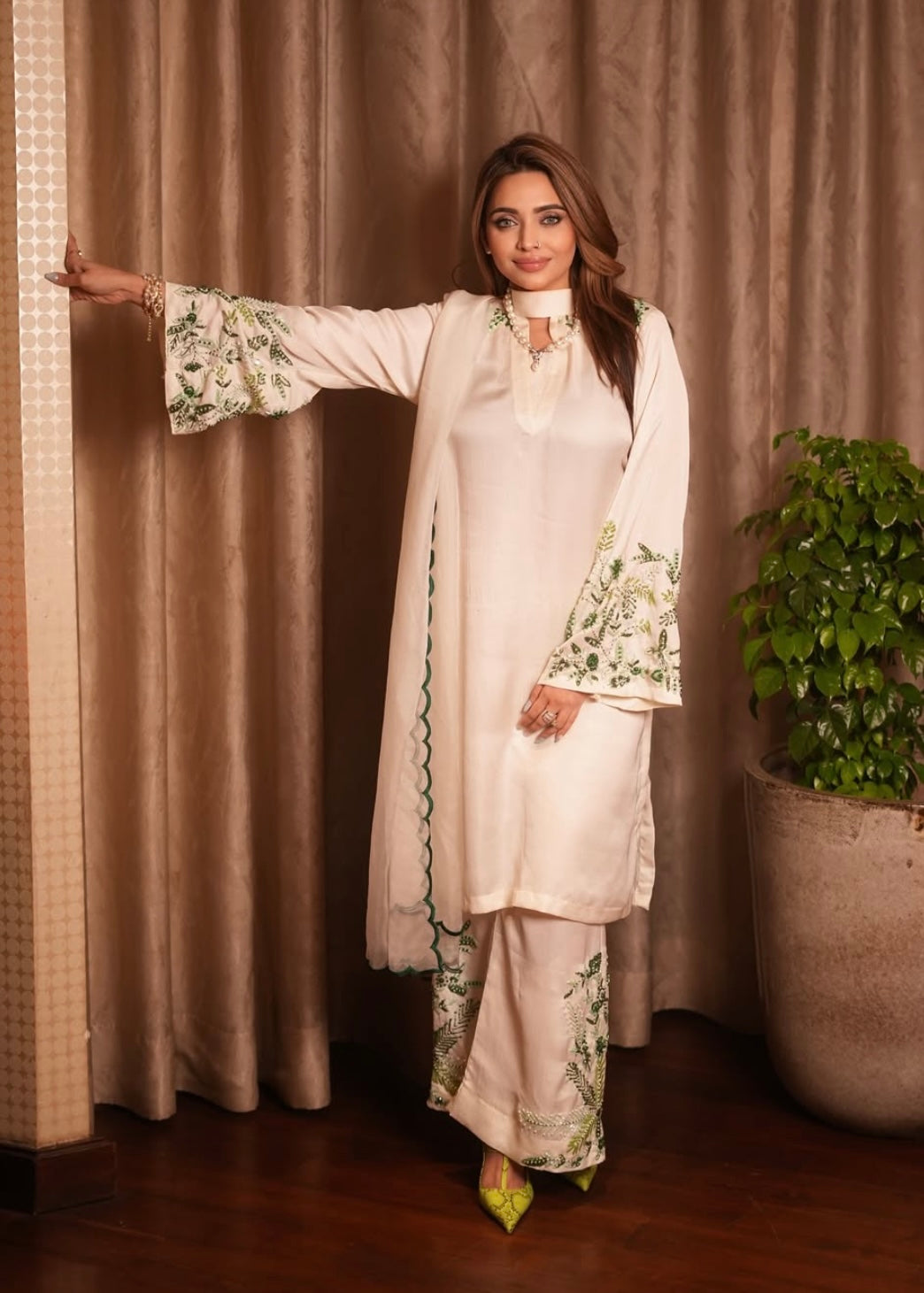 Elegant White dress with Green Embroidery