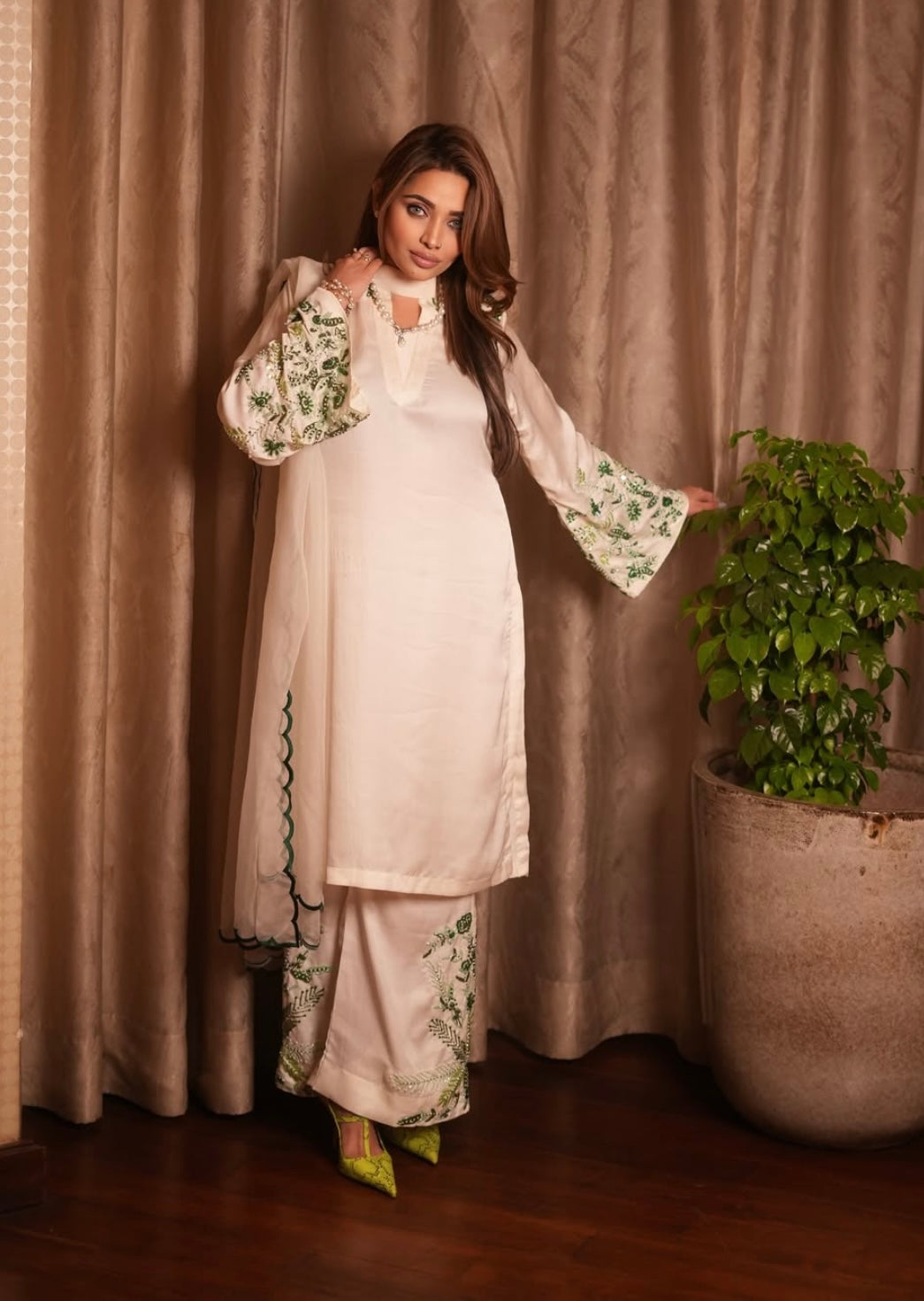 Elegant White dress with Green Embroidery
