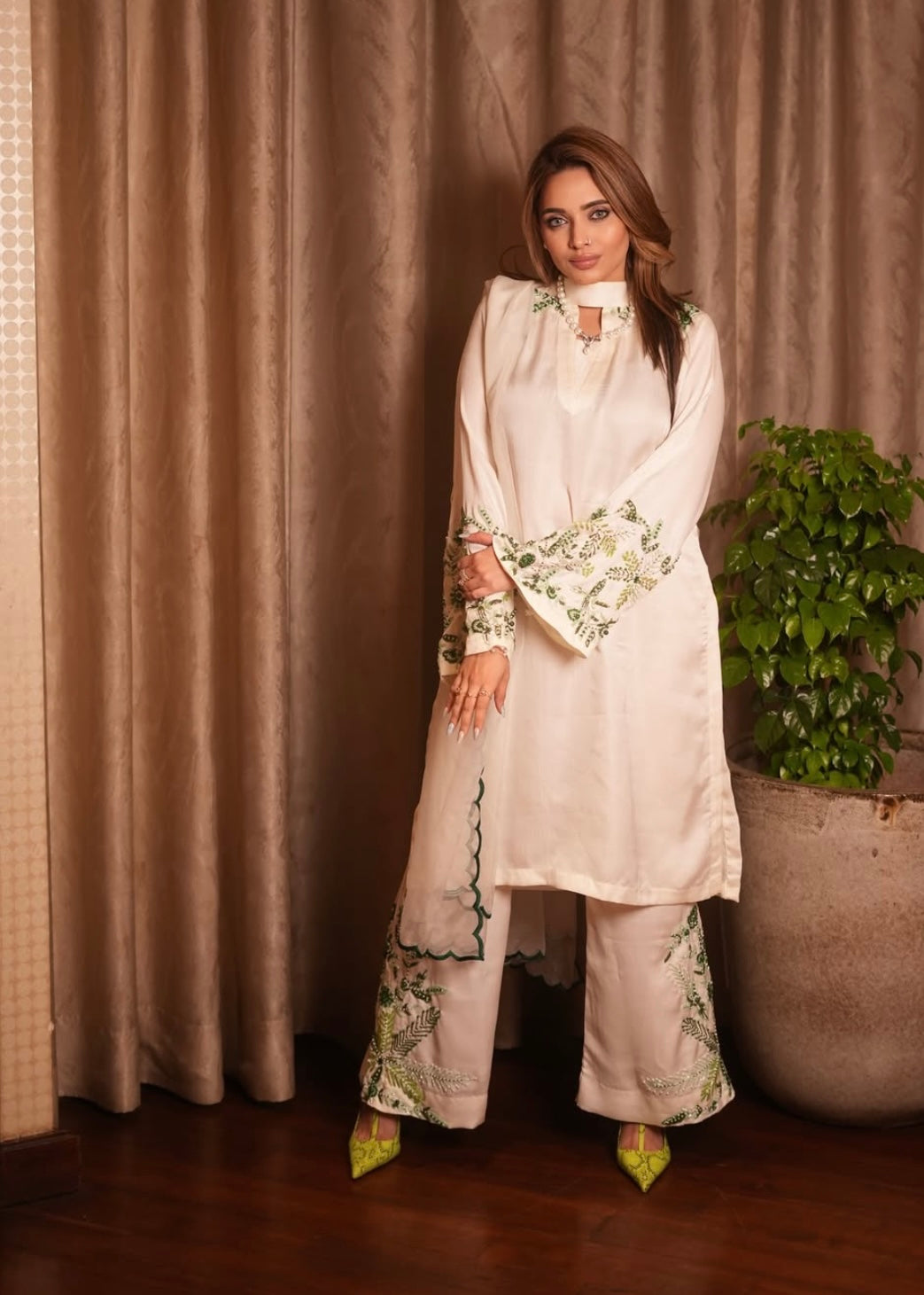 Elegant White dress with Green Embroidery