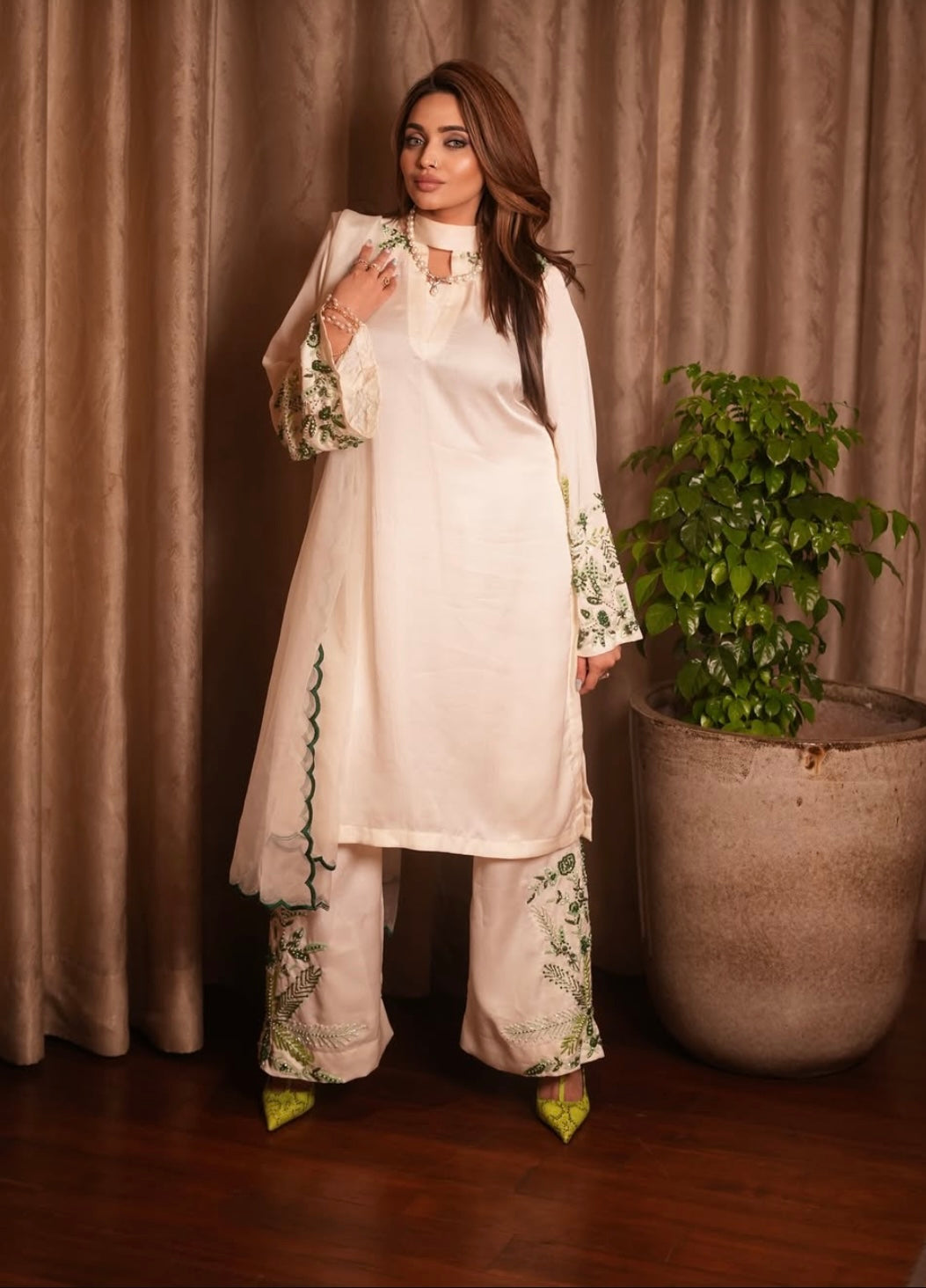 Elegant White dress with Green Embroidery