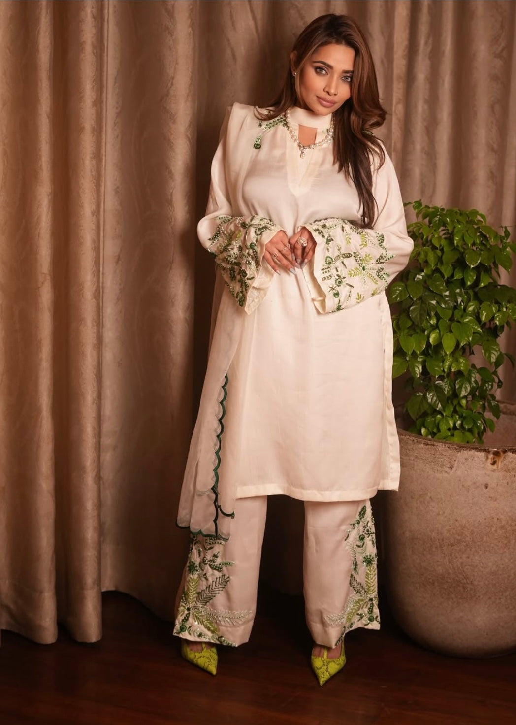 Elegant White dress with Green Embroidery