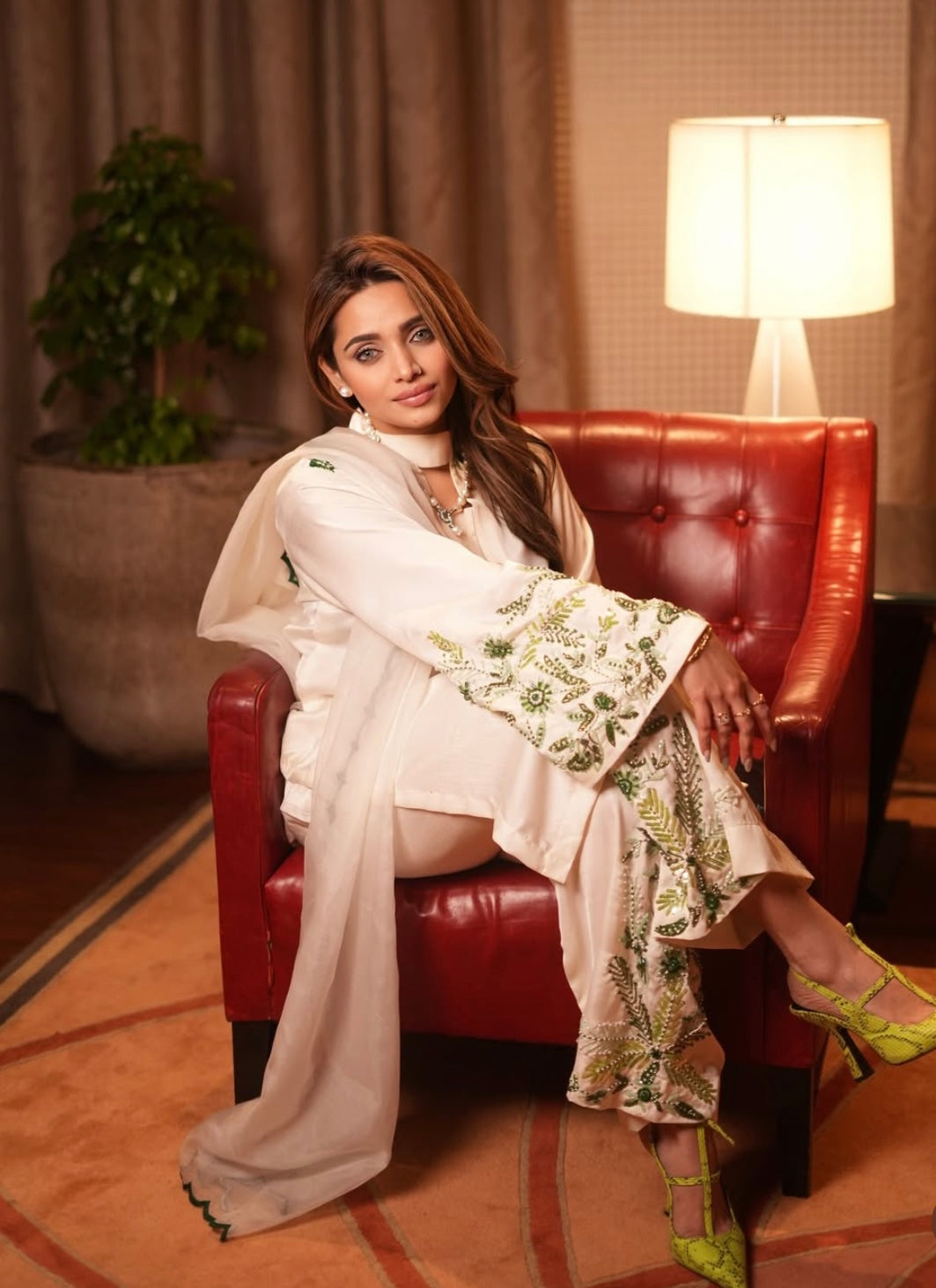 Elegant White dress with Green Embroidery