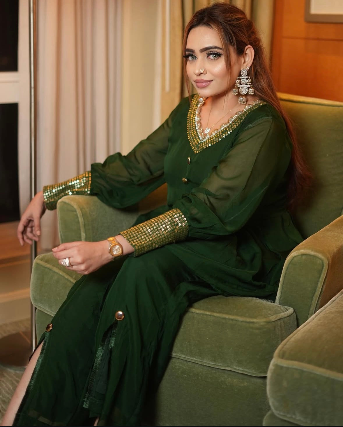 Green short top paired with matching pants