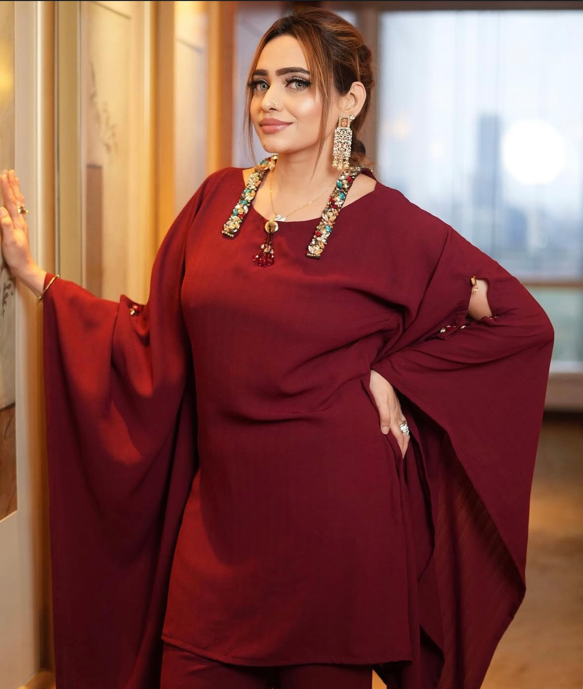 Elegant kaftan top paired seamlessly with matching pants