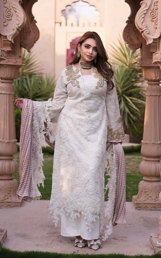 White and Gold Handwork Straight Suit