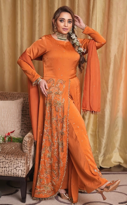 Tangy orange long front slit dress