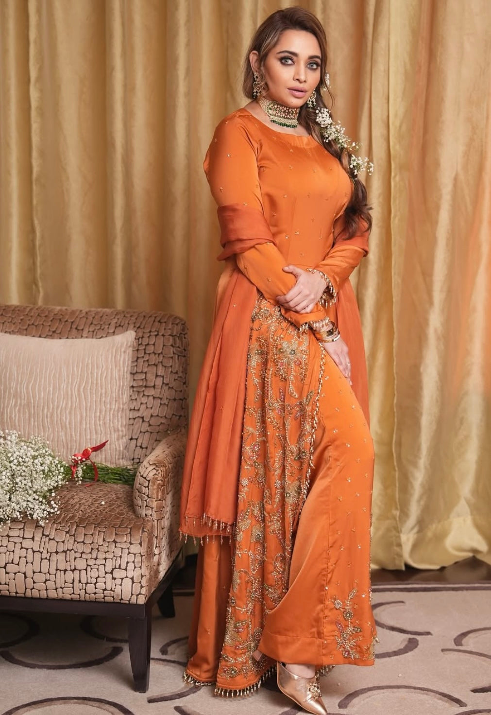 Tangy orange long front slit dress