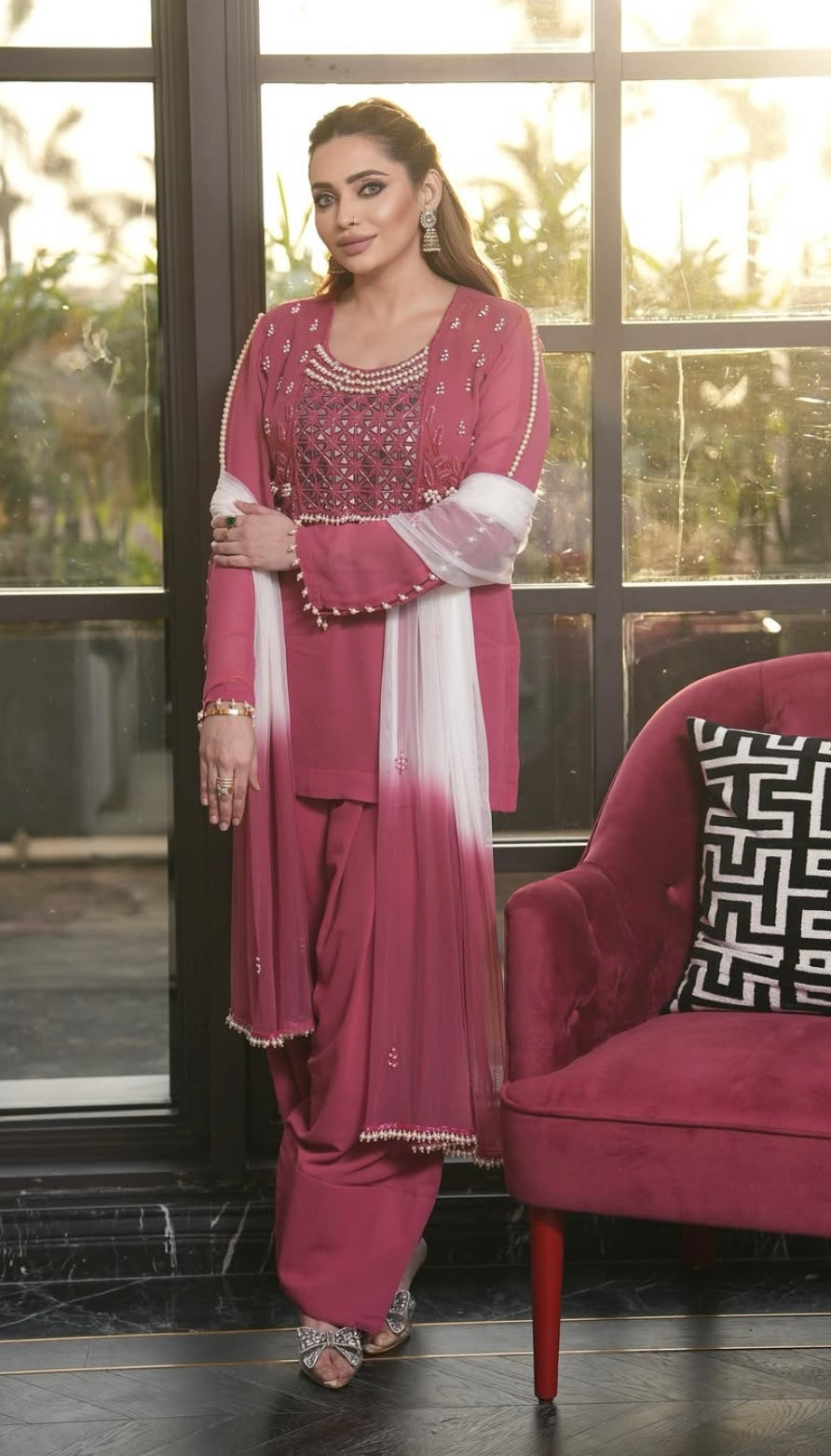 Onion Pink Dress with Shaded Dupatta