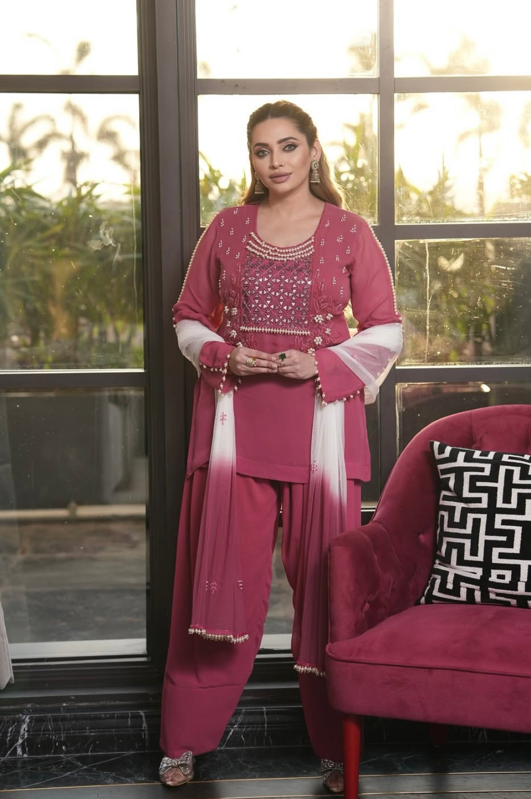Onion Pink Dress with Shaded Dupatta