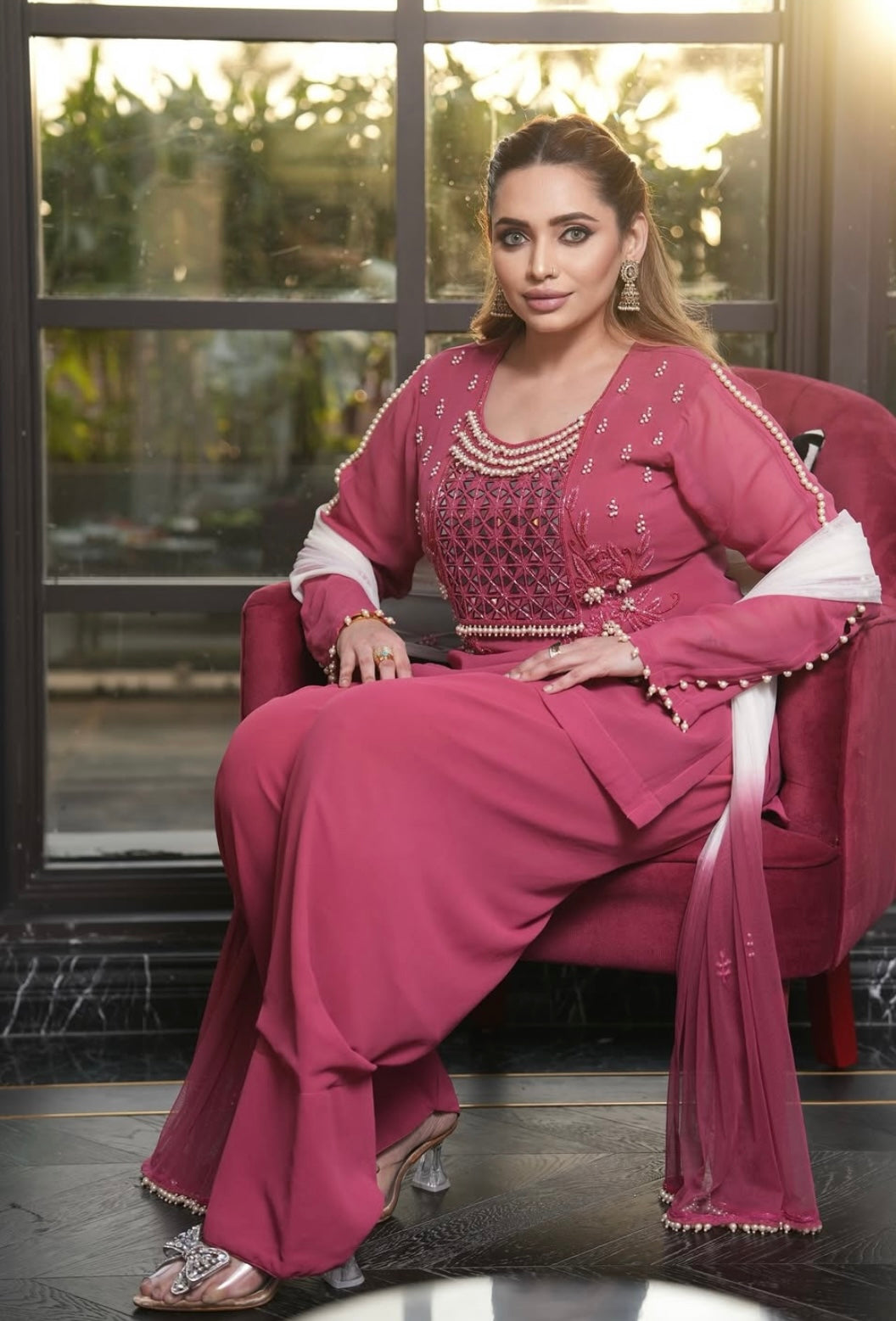Onion Pink Dress with Shaded Dupatta