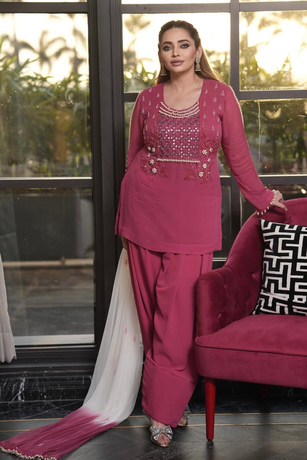 Onion Pink Dress with Shaded Dupatta