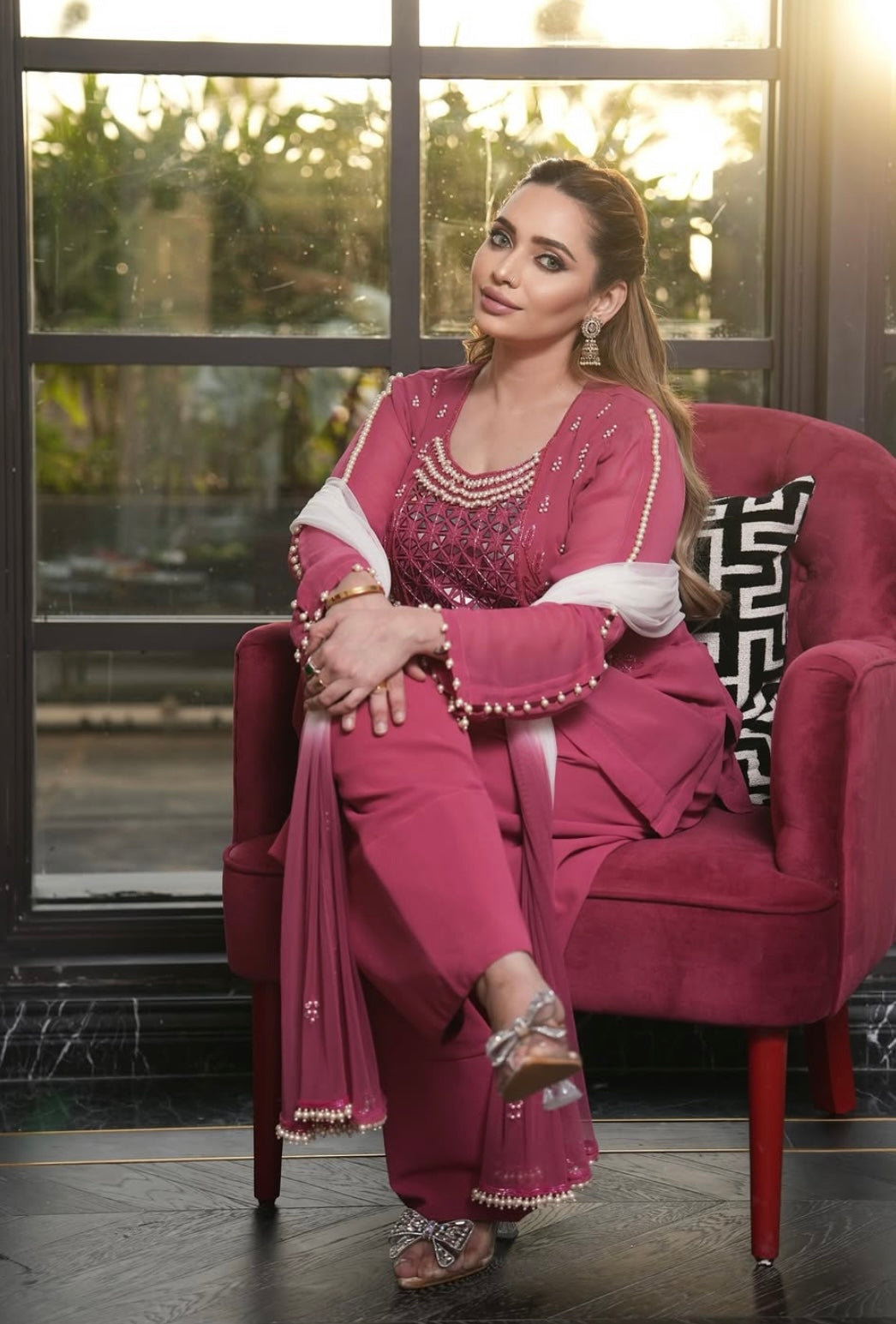 Onion Pink Dress with Shaded Dupatta