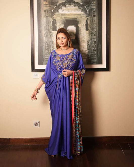 Elegant Blue kaftan paired with a mirror work dupatta