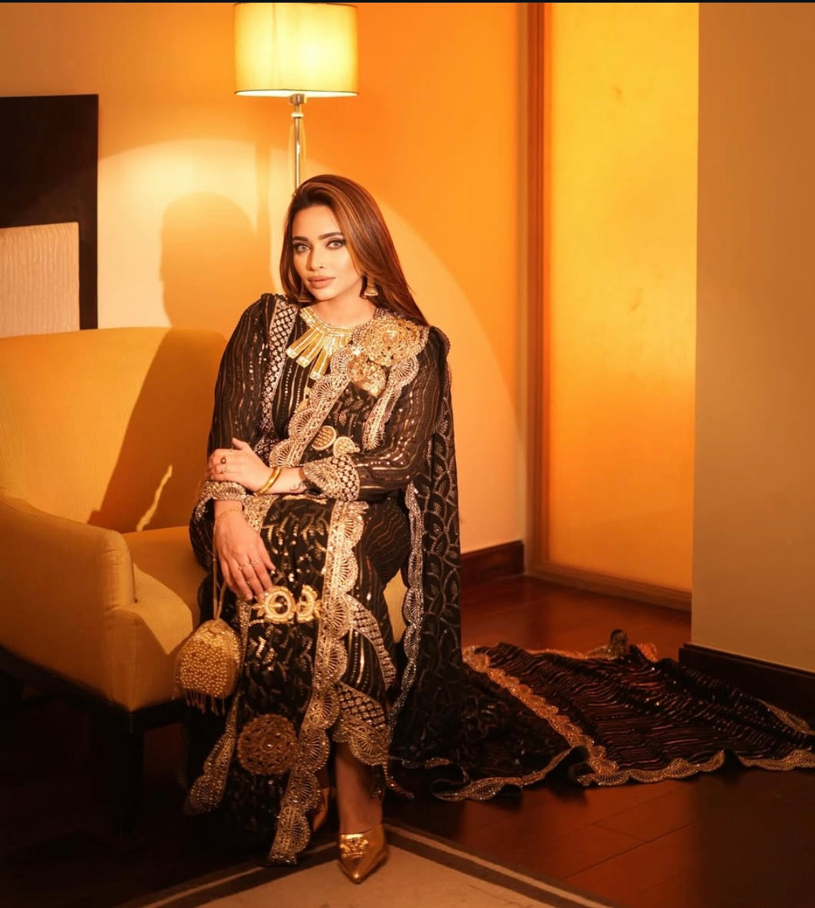 Elegant black saree-style dress