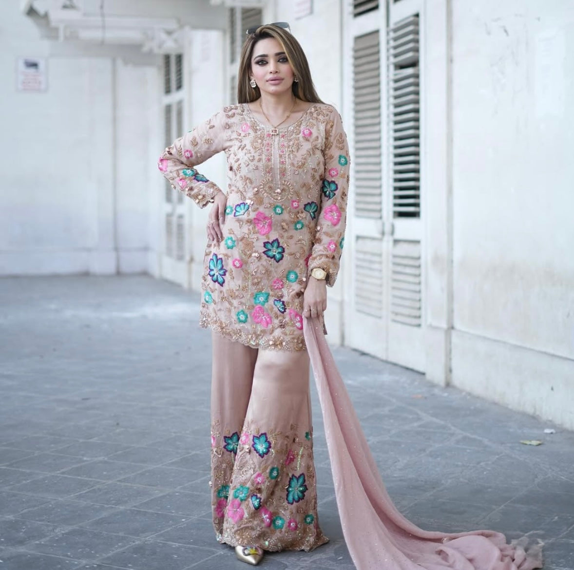 Exquisite Multicoloured Work with Flared Pants