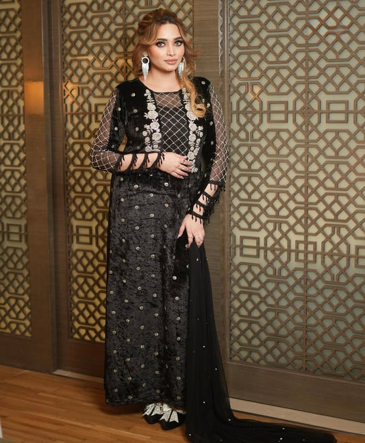 Black velvet long dress