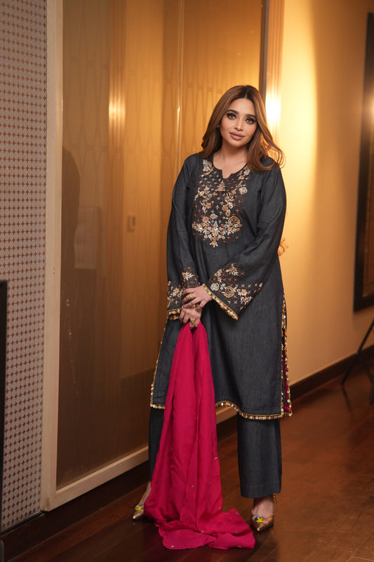 Denim Dress with pink dupatta